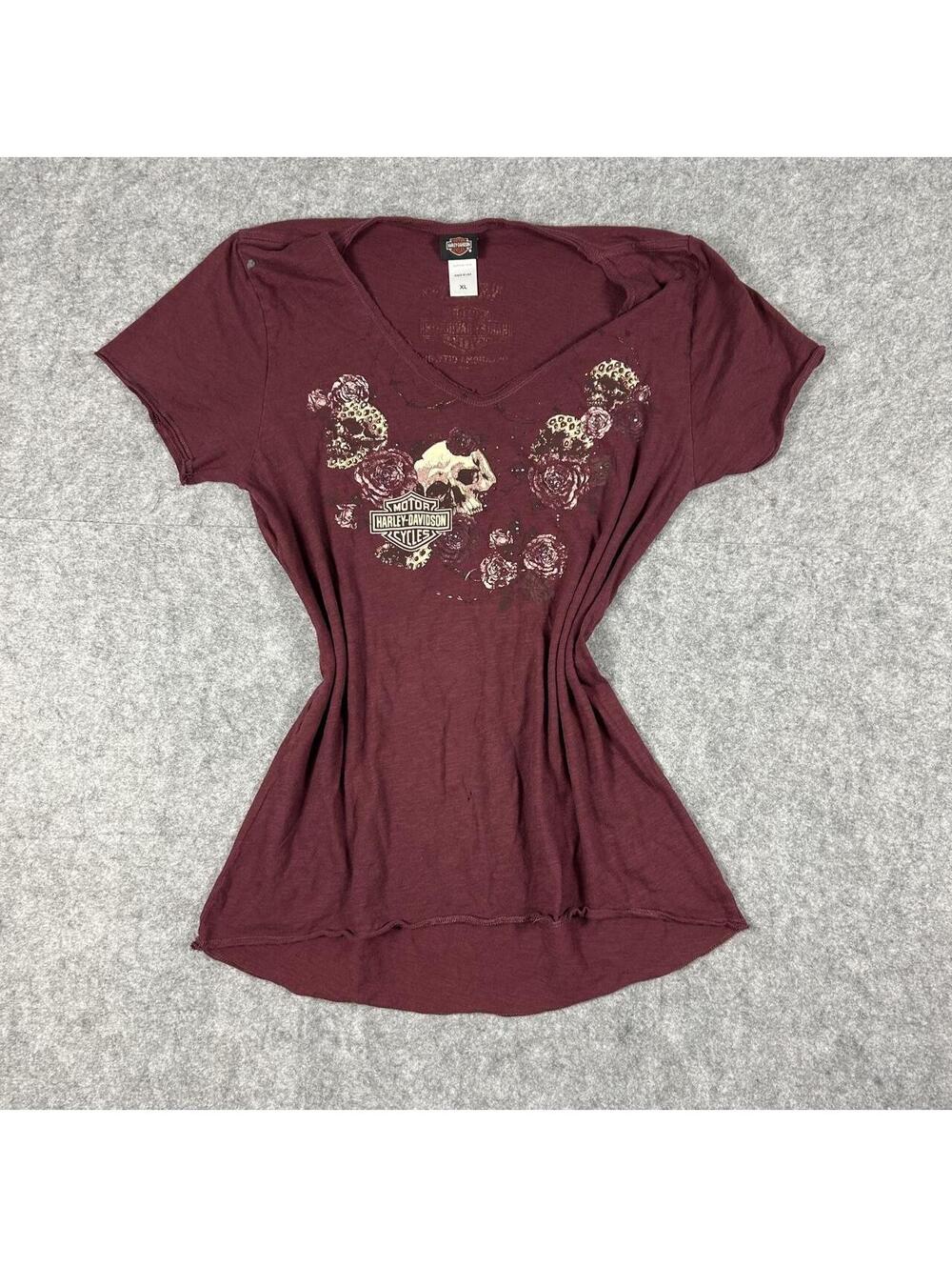 Vintage Y2K Women’s Harley Davidson Maroon Skull N Flowers T Shirt Size XL
